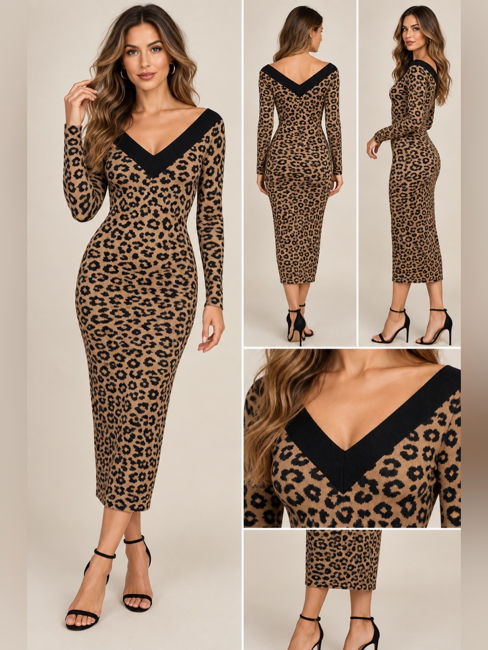 Hers & Mine Leopard Print Bodycon Midi Dress NWT Small Long Sleeve